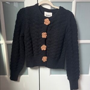 Black Cable Knit Cropped Cardigan with Tan Flower Buttons